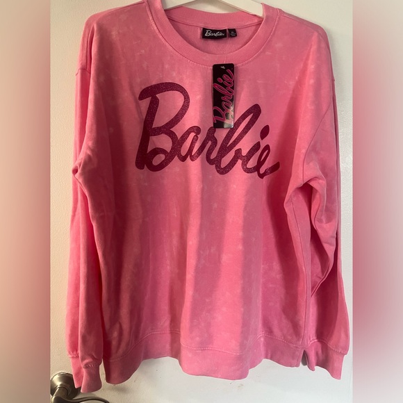 Barbie Sweaters - NWT Barbie Pink Wash Sweatshirt Cozy Sweater Pullover Glitter Logo - Size XL